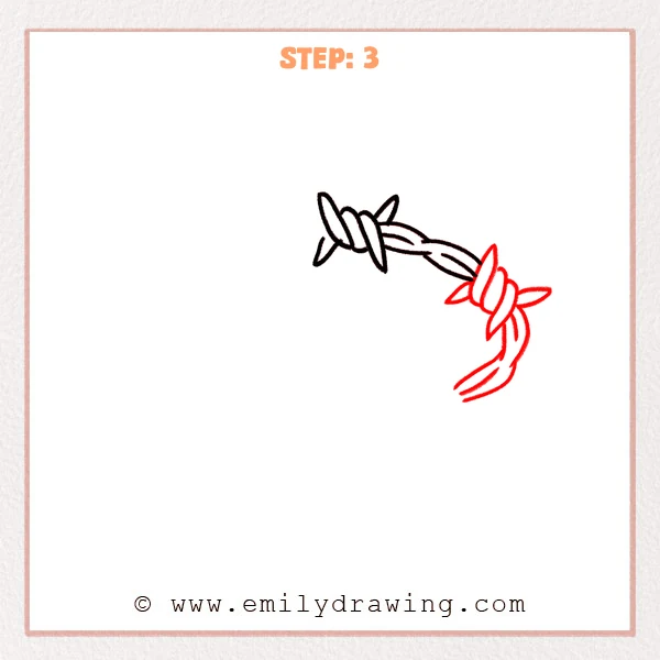 how to draw a barbed wire - Step 3: A second barbed wire knot is added on the right end with pointed barbs.